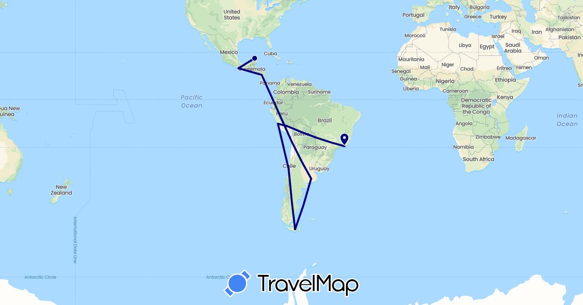 TravelMap itinerary: driving in Argentina, Brazil, Chile, Mexico, Nicaragua, Peru (North America, South America)